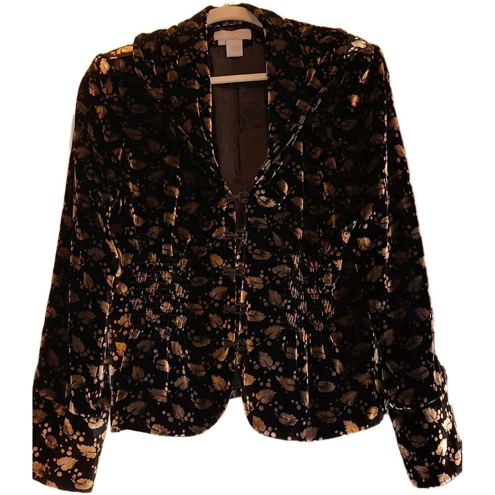 ECCOCI Vintage Silk Velvet Floral Leaf Smocked Hook-Eye Blazer Jacket Women's 14